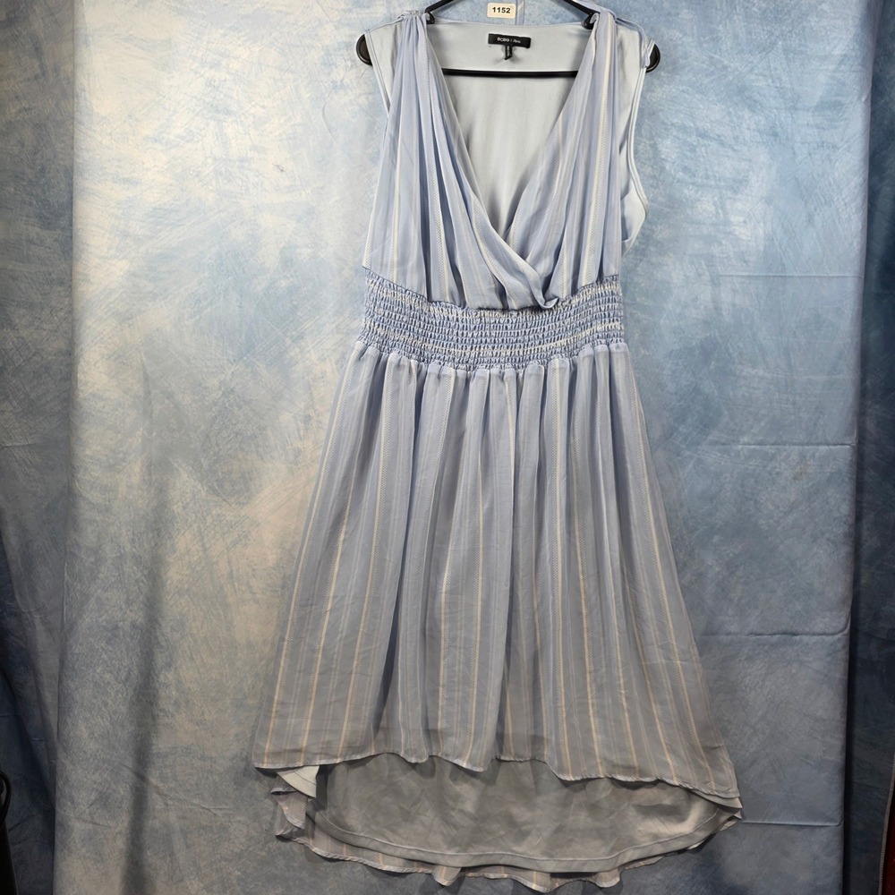 BCBG Paris Womens XL Blue White Striped Smocked Waist‎ High Low Sleeveless Dress